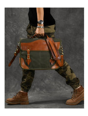 Canvas Leather Mens 14‘’ Army Green Briefcase Side Bag Retro Messenger Bag Shoulder Bag For Men