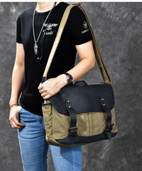 Canvas Leather Mens Army Green Postman Side Bag 14'' Black Messenger Bag Large Shoulder Bag For Men