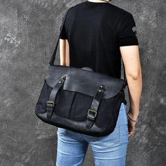 Canvas Leather Mens Army Green Postman Side Bag 14'' Black Messenger Bag Large Shoulder Bag For Men