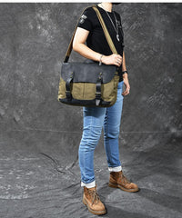 Canvas Leather Mens Army Green Postman Side Bag 14'' Black Messenger Bag Large Shoulder Bag For Men