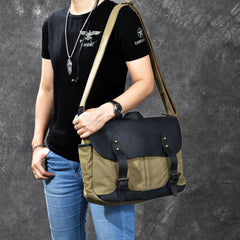 Canvas Leather Mens Army Green Postman Side Bag 14'' Black Messenger Bag Large Shoulder Bag For Men