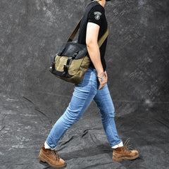 Canvas Leather Mens Army Green Postman Side Bag 14'' Black Messenger Bag Large Shoulder Bag For Men