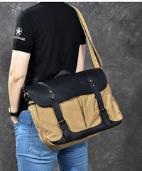 Canvas Leather Mens Army Green Postman Side Bag 14'' Black Messenger Bag Large Shoulder Bag For Men