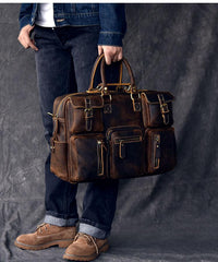 Canvas Leather Mens Womens Dark Coffee Travel Side Bag Messenger Bag Large Shoulder Bag For Men