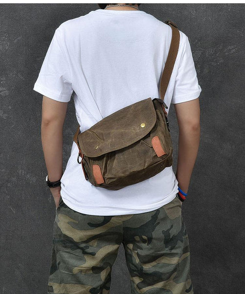 Canvas Leather Mens Womens Dark Gray Vintage Side Bag Khaki Messenger Bag Small Shoulder Bag For Men