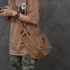 Washed Canvas Mens Large Brown Side Bag 14‘’ Army Green Messenger Bag Shoulder Bag For Men