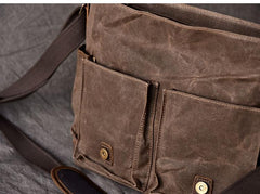 Canvas Leather Mens Large Khaki Side Bag 14'' Brown Messenger Bag Shoulder Bag For Men