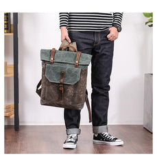 Waxed Canvas Mens Womens 15‘’ Computer Backpack Green School Backpack Hiking Backpack for Men