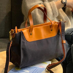 Vintage WOmens Canvas Leather Handbag Shopper Purse Shoulder Side Purse for Ladies