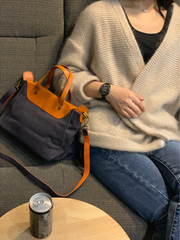Vintage WOmens Canvas Leather Handbag Shopper Purse Shoulder Side Purse for Ladies