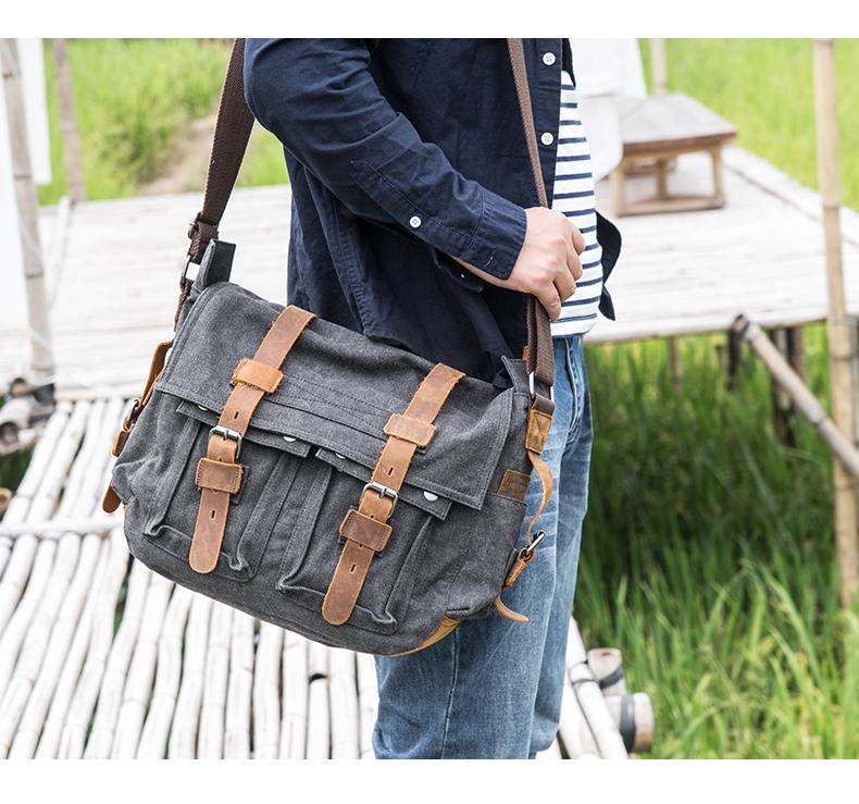 Canvas Mens 14 Side Bag Courier Bag Gray Postman Bag Messenger Bag for Men