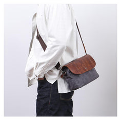 Leather Canvas Mens Small Side Bag Gray Courier Bag Postman Bag Messenger Bag for Men