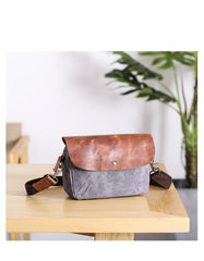 Leather Canvas Mens Small Side Bag Gray Courier Bag Postman Bag Messenger Bag for Men