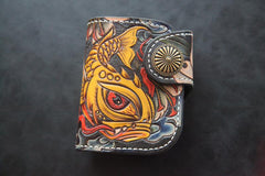 Tooled Arowana Handmade Leather Mens billfold Biker Wallets BIfold SMall Wallet For Men