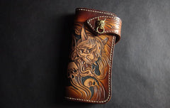 Handmade Skull Tooled Black Leather Mens Long Biker Wallet Biker Chain Wallet For Men