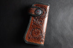 Handmade Skull Tooled Black Leather Mens Long Biker Wallet Biker Chain Wallet For Men