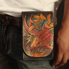 Tooled Carp Handmade Leather Mens Belt Pouch Waist Bag Belt Phone Bag Mobile Bag For Men