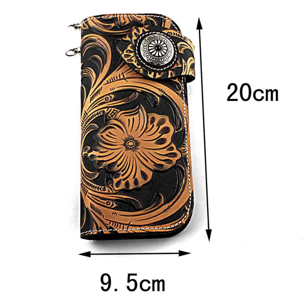 Badass Black Leather Men's Long Biker Chain Wallet Tooled Long Wallet with Chain WG01461002