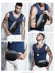 Casual Black Canvas Leather Fanny Pack Men's Chest Bag Hip Bag Waist Bags For Men