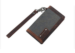 Casual Gray Canvas Leather Men's Long Wallet Bifold Cards Wallet Long Wallet For Men