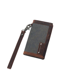 Casual Gray Canvas Leather Men's Long Wallet Bifold Cards Wallet Long Wallet For Men