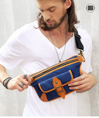 Casual Blue Nylon Leather Fanny Pack Men's Chest Bag Hip Bag Waist Bag For Men