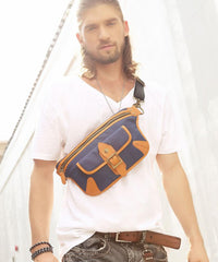 Casual Blue Nylon Leather Fanny Pack Men's Chest Bag Hip Bag Waist Bag For Men