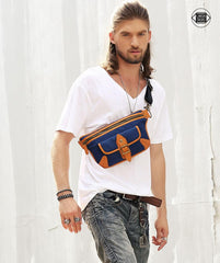 Casual Blue Nylon Leather Fanny Pack Men's Chest Bag Hip Bag Waist Bag For Men