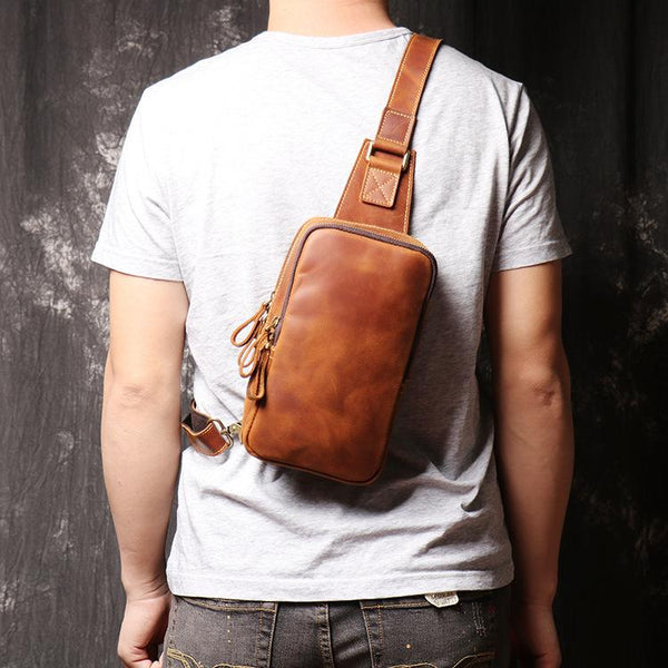 Best Brown Leather Men's Sling Bag Chest - Back View