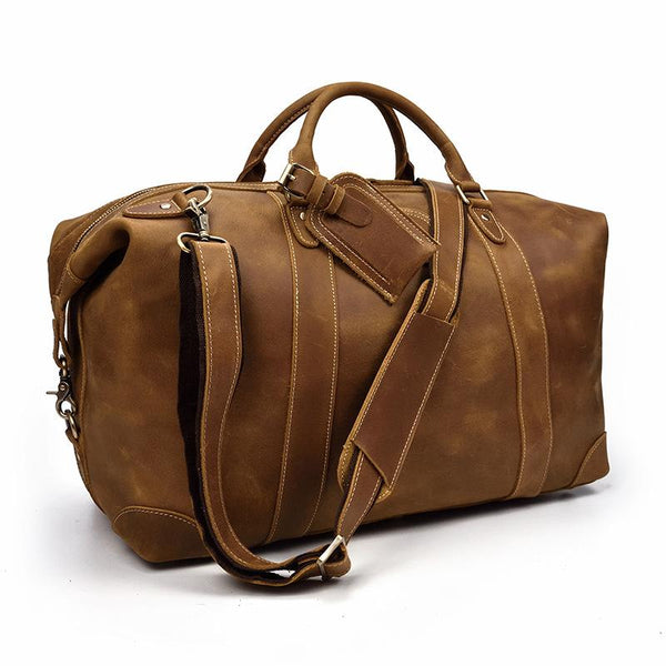 Casual Brown Leather Men Handbag Overnight Bags - Back View
