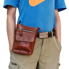 Casual Brown Leather Mini Messenger Bag Men's Belt Pouch Belt Bag Waist Pouch For Men