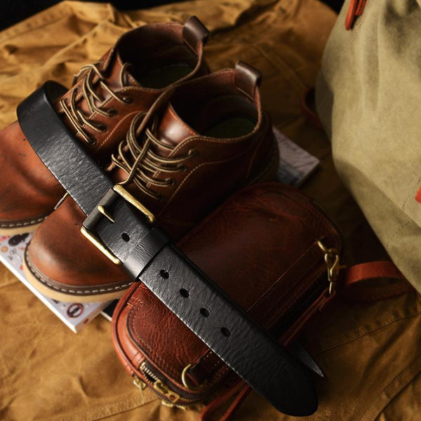 Cool Leather Simple Black Leather Belts Mens - Back View