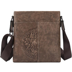 Casual Leather Brown Mens Vertical Side Bag - Leather Texture Detail