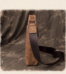 Casual Leather Brown Mens Vertical Side Bag - Stitching Detail