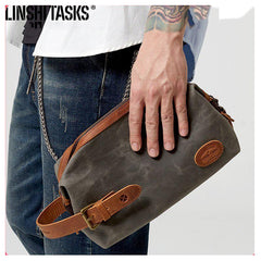 Waxed Canvas Leather Men's Clutch Purse Navy Blue Casual Clutch Bag Hand Bag For Men