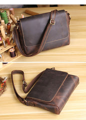 Cool Black Leather Mens 10 inches Courier Bags Coffee Brown Messenger Bags Postman Bag For Men