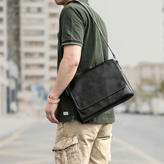 Cool Black Leather Mens 10 inches Courier Bags Coffee Brown Messenger Bags Postman Bag For Men