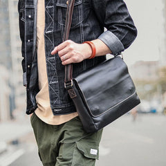 Cool Black Leather Mens 10 inches Courier Bags Coffee Brown Messenger Bags Postman Bag For Men