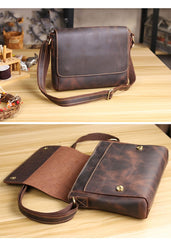 Cool Black Leather Mens 10 inches Courier Bags Coffee Brown Messenger Bags Postman Bag For Men