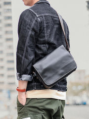 Cool Black Leather Mens Small Courier Bags Black Messenger Bags Brown Postman Bags For Men