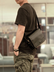 Cool Black Leather Mens Small Courier Bags Black Messenger Bags Brown Postman Bags For Men