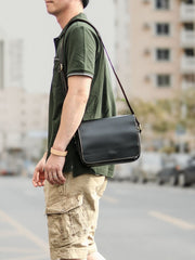 Cool Black Leather Mens Small Courier Bags Black Messenger Bags Brown Postman Bags For Men