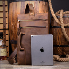 Casual Brown Leather Mens Large Sling Pack Sling Bag Chest Bag One Shoulder Backpacks for Men