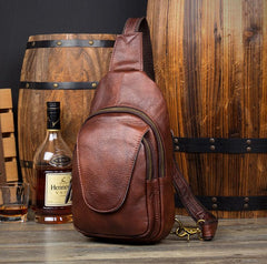 Casual Leather Brown Mens Sling Pack Sling Bags Chest Bag One Shoulder Backpack for Men