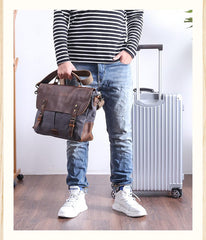 Casual Canvas Leather Mens Khaki Handbag 14'' Side Bag Gray Messenger Bag For Men