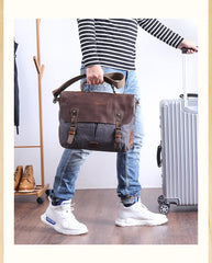 Casual Canvas Leather Mens Khaki Handbag 14'' Side Bag Gray Messenger Bag For Men