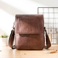 Casual Leather Mens 8 inches Vertical Side Bag Brown Messenger Bags Postman Bag for Men