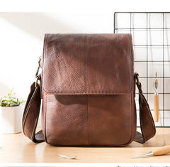 Casual Leather Mens 8 inches Vertical Side Bag Brown Messenger Bags Postman Bag for Men