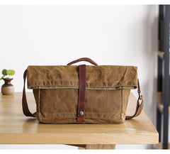 Waxed Canvas Mens Side Bag 13‘’ Khaki Courier Bag Messenger Bag for Men