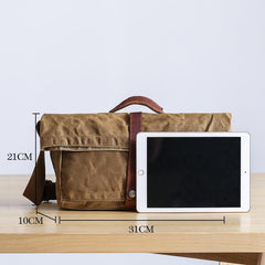Waxed Canvas Mens Side Bag 13‘’ Khaki Courier Bag Messenger Bag for Men